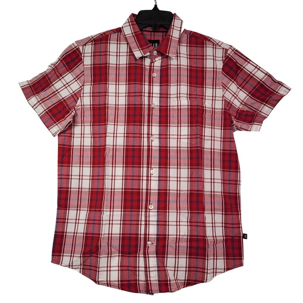 GAP Men's Red & White Plaid Short Sleeve Button-Up Poplin Cotton Shirt Medium